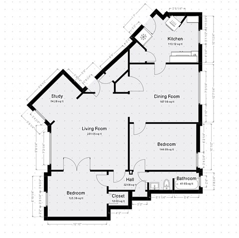 Floor plan for 2 beds, 1 bath, 1038 sqft
